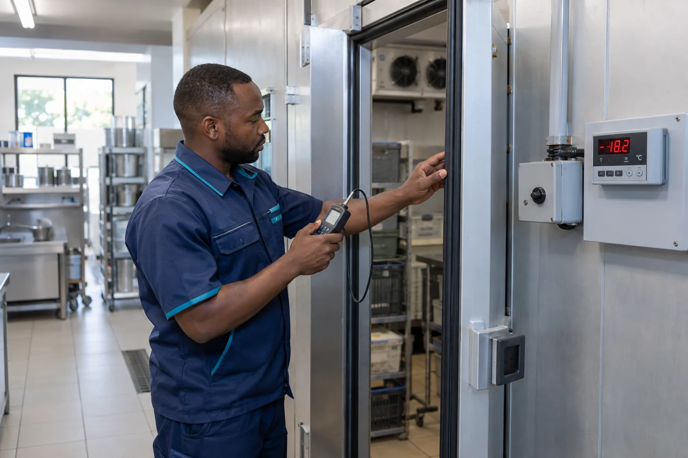 Technician inspecting a commercial walk-in cold room